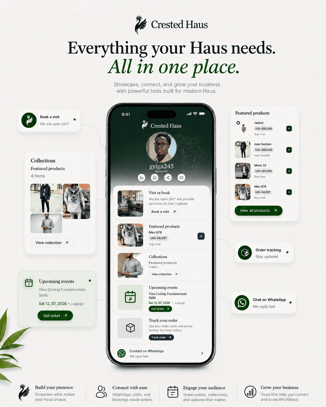 A Crested Haus profile on a phone, surrounded by floating cards highlighting features: featured products, collections, upcoming events, order tracking, and WhatsApp chat.